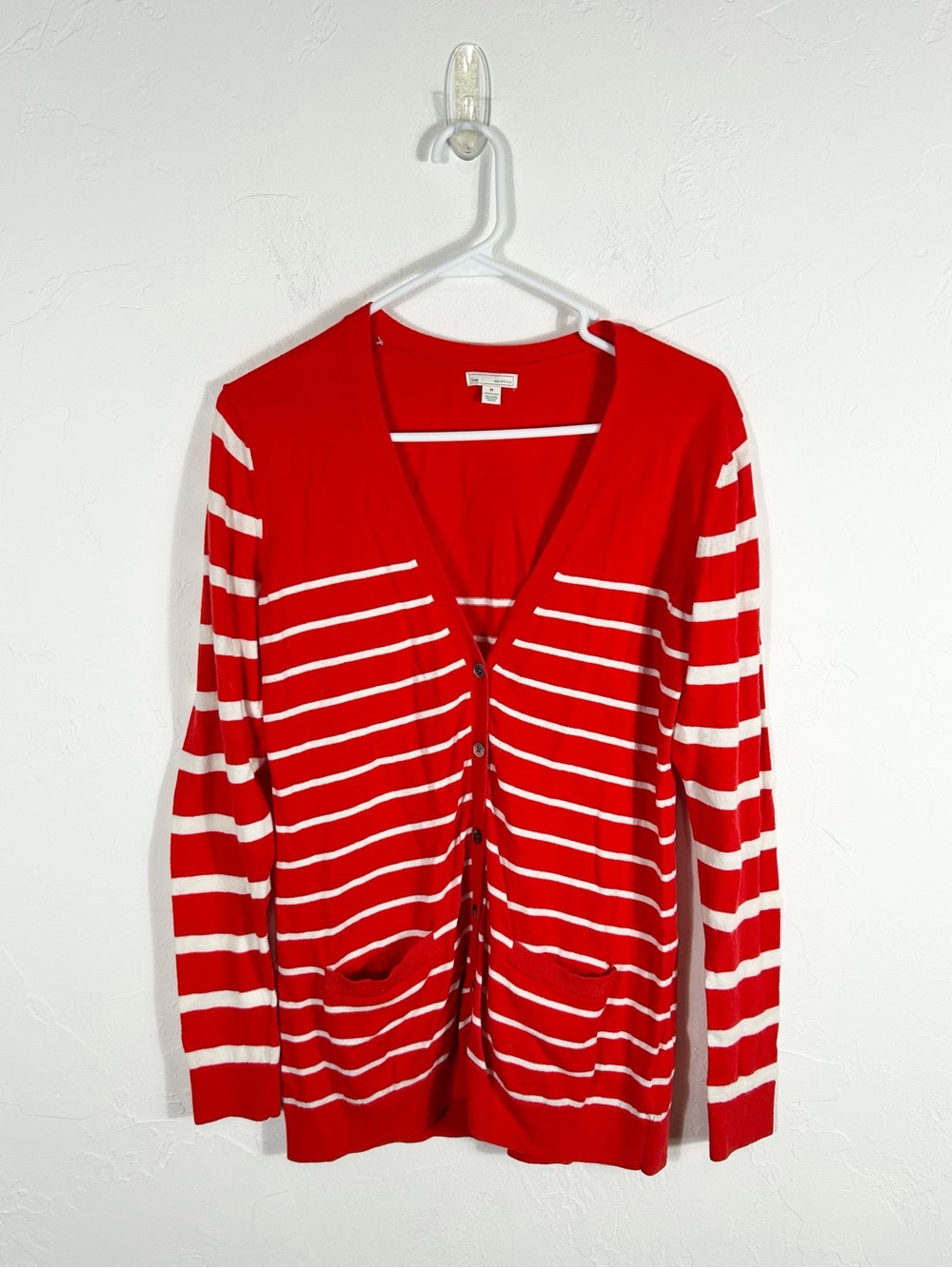 GAP Red & White Striped V-Neck Silk Blend Cardigan Sweater with Pockets Size M